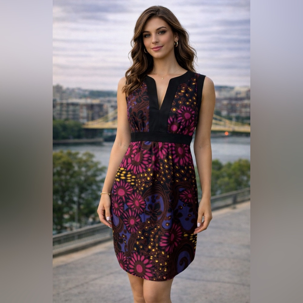 Trina Turk Dress 6 SILK Career Church Black Pink Blue Sleeveless